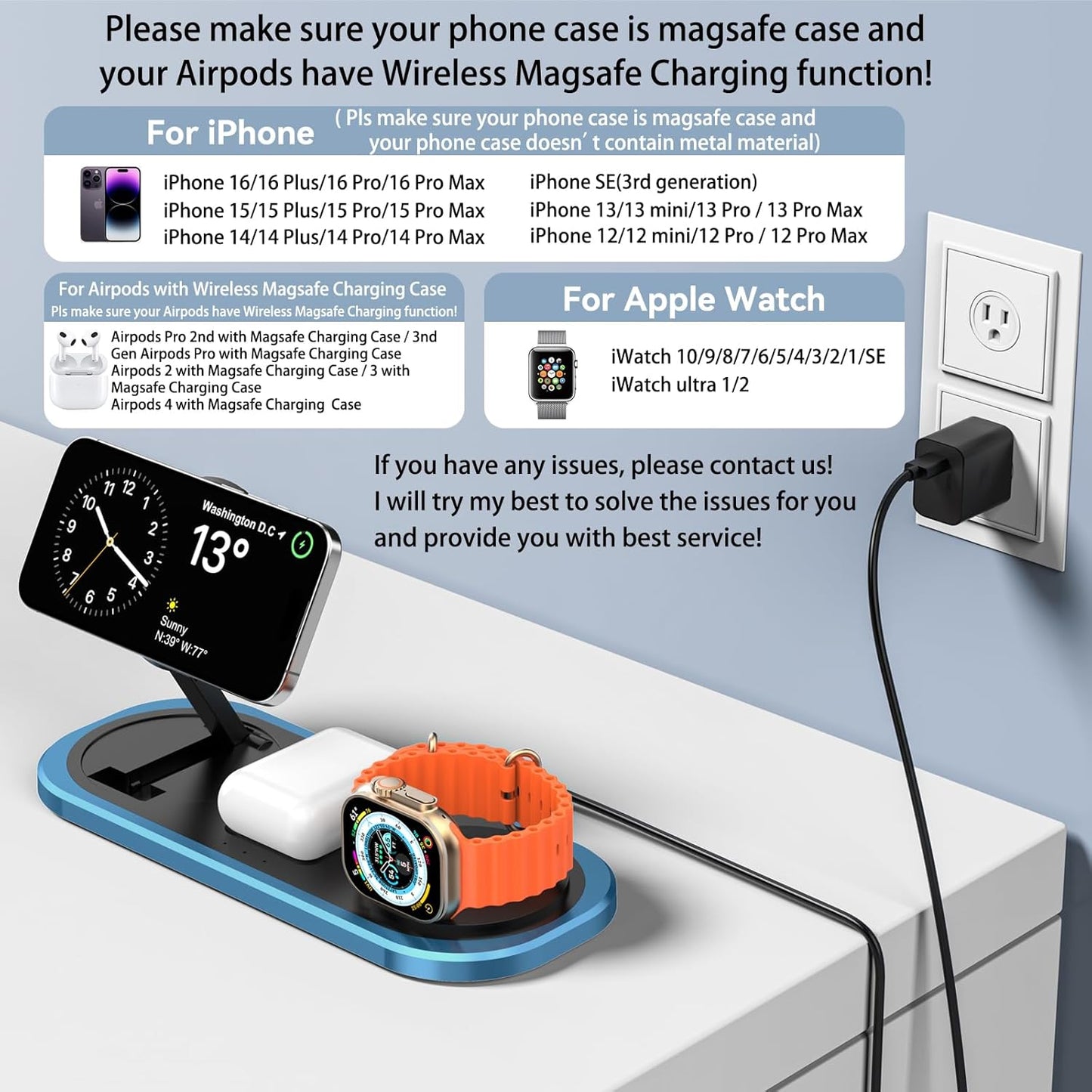 3 in 1 Wireless Charger for Iphone, Foldable Charging Station for Magsafe for Iphone 16/15/14/13/12/Pro Max/Pro/Mini/Plus, Apple Watch 10/9/8/7/Se/6/5/4/3/2/1/Ultra2/Ultra, Airpods Pro/2/3/4 (Blue)