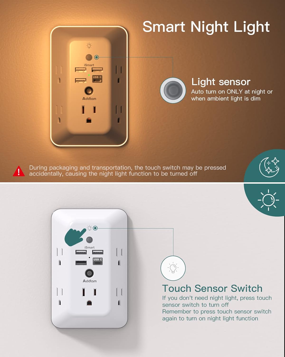 Surge Protector, Outlet Extender with Night Light,  5-Outlet Splitter and 4 USB Ports(1 USB C), Multi Plug Wall Outlet for Home Office Dorm Room Essentials