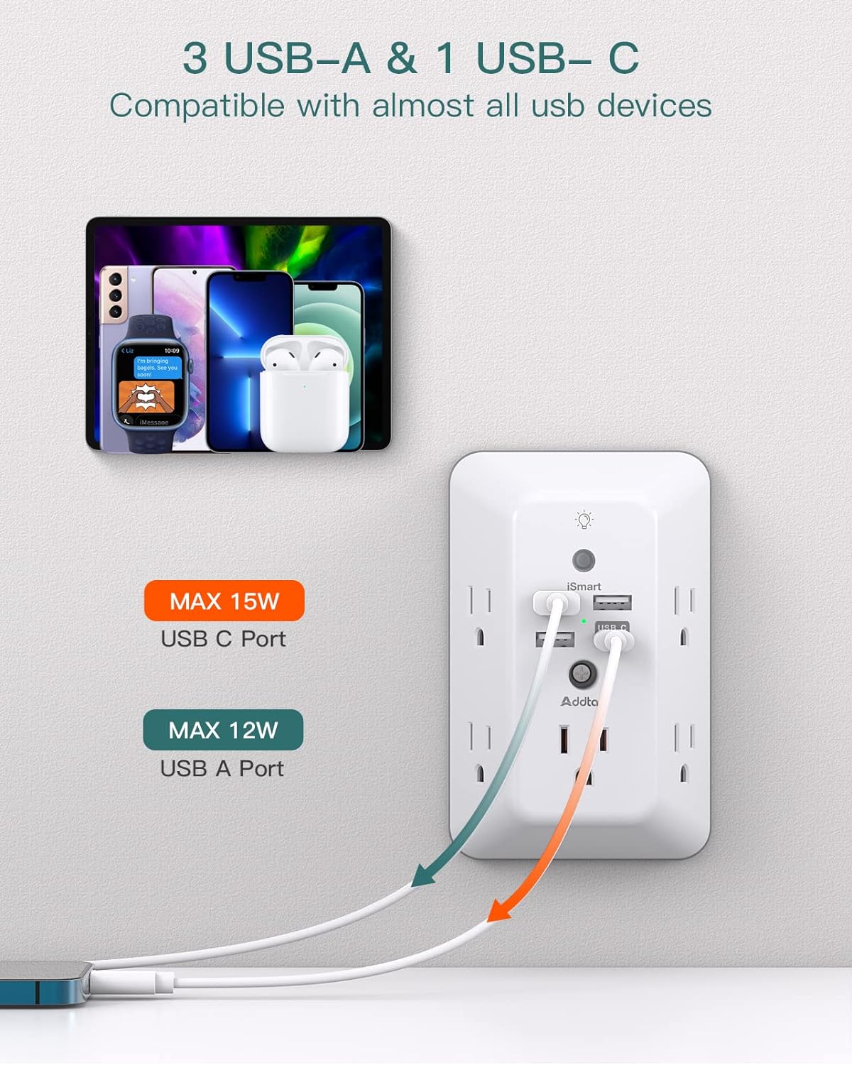 Surge Protector, Outlet Extender with Night Light,  5-Outlet Splitter and 4 USB Ports(1 USB C), Multi Plug Wall Outlet for Home Office Dorm Room Essentials