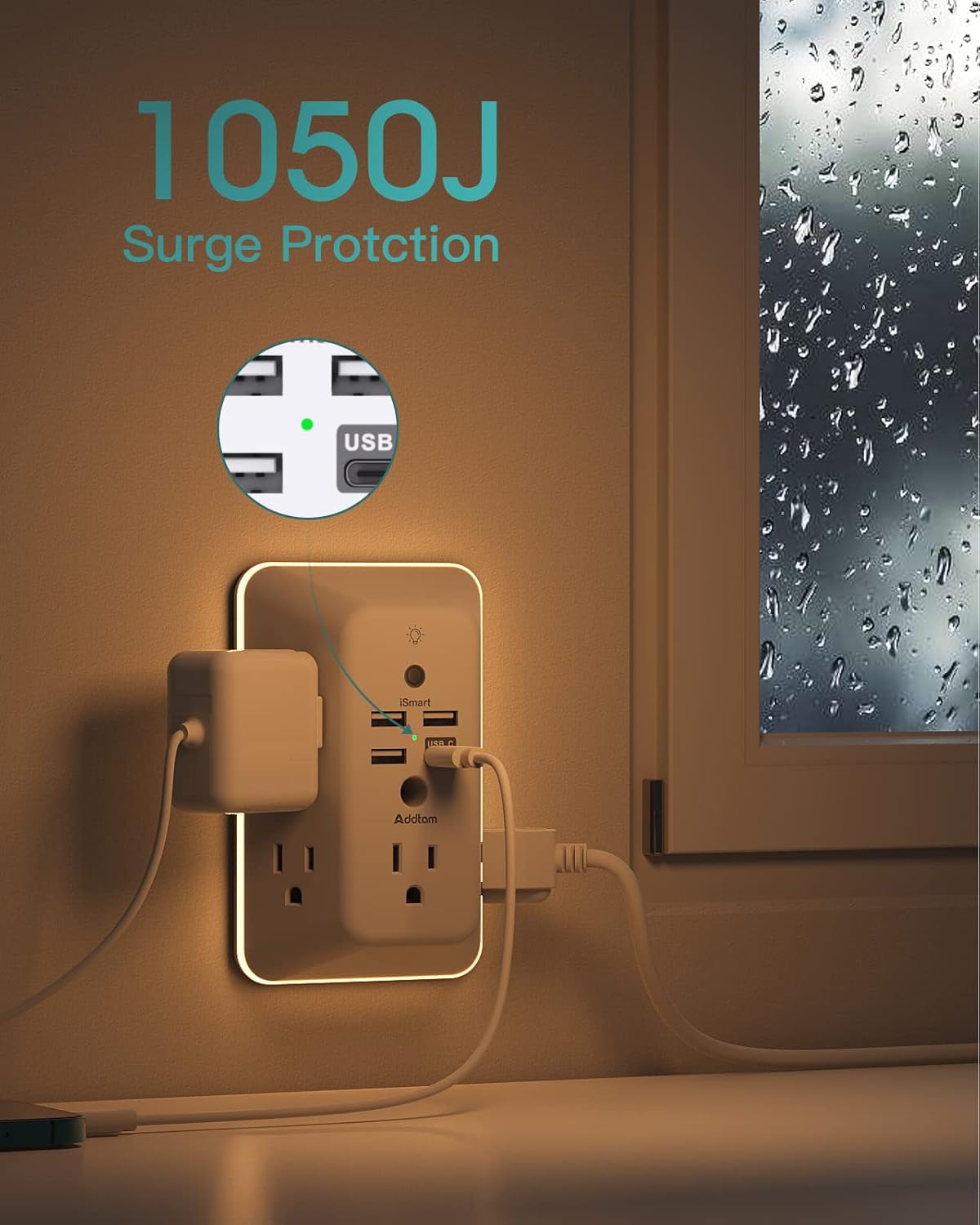 Surge Protector, Outlet Extender with Night Light,  5-Outlet Splitter and 4 USB Ports(1 USB C), Multi Plug Wall Outlet for Home Office Dorm Room Essentials
