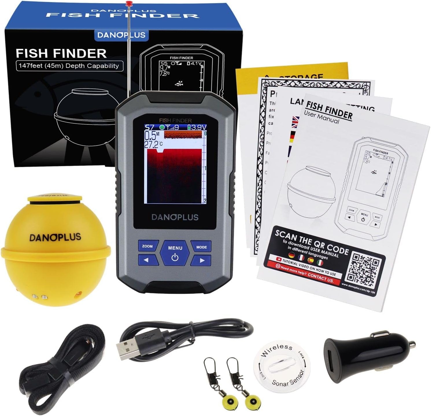 Wireless Portable Fish Finder with Large HD Display, 147 Feet Depth Detection, and Rechargeable Castable Sensor for Boats