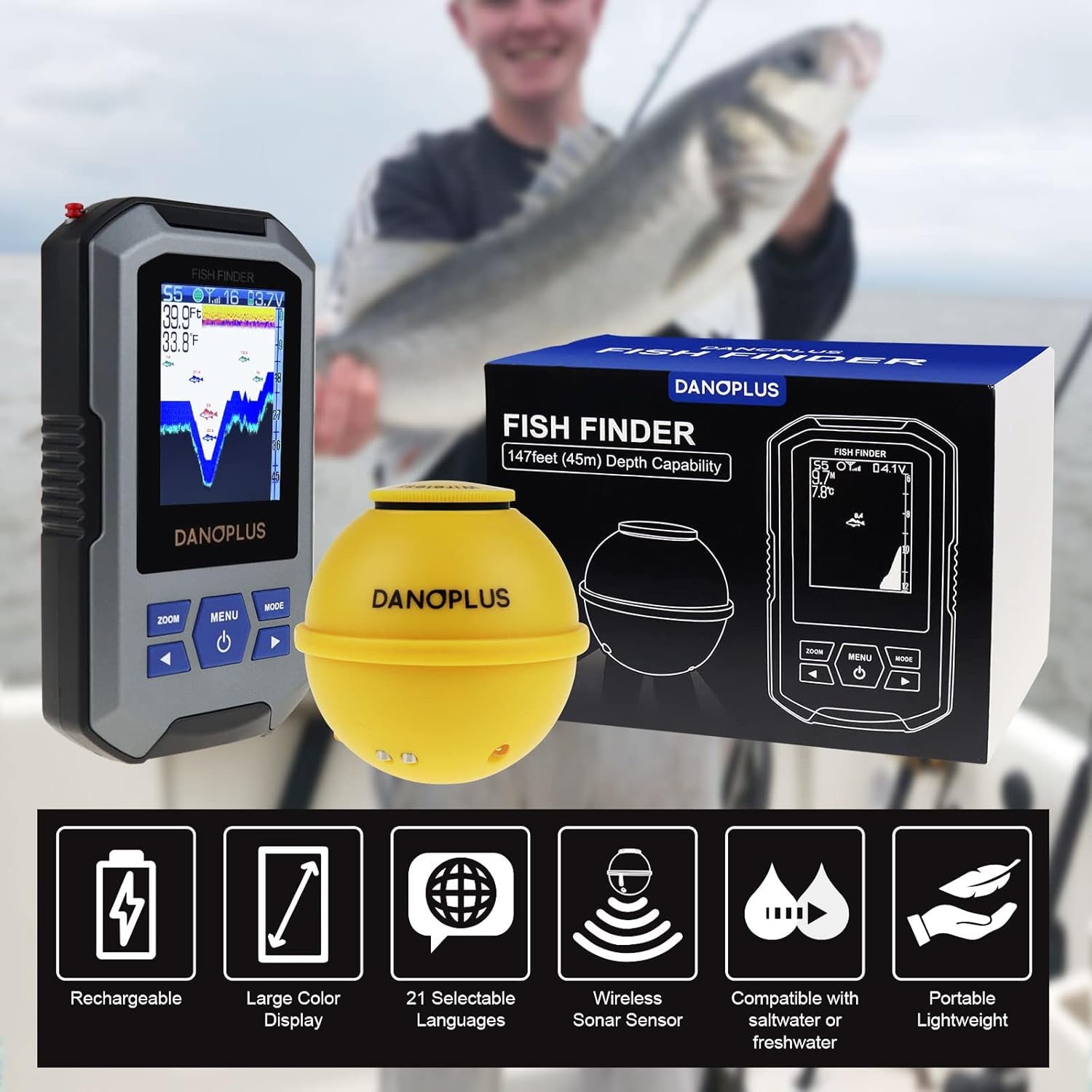Wireless Portable Fish Finder with Large HD Display, 147 Feet Depth Detection, and Rechargeable Castable Sensor for Boats